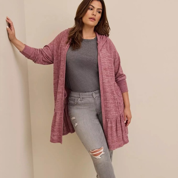 torrid Sweaters - Torrid Super Soft Plush Pink Hooded Sweater Cardigan 3X Duster Ruffle Hem
